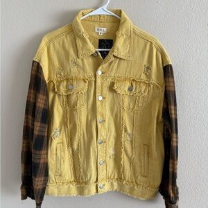 POL Yellow Distressed Denim Jacket with Brown Plaid Sleeves NWT Size Small